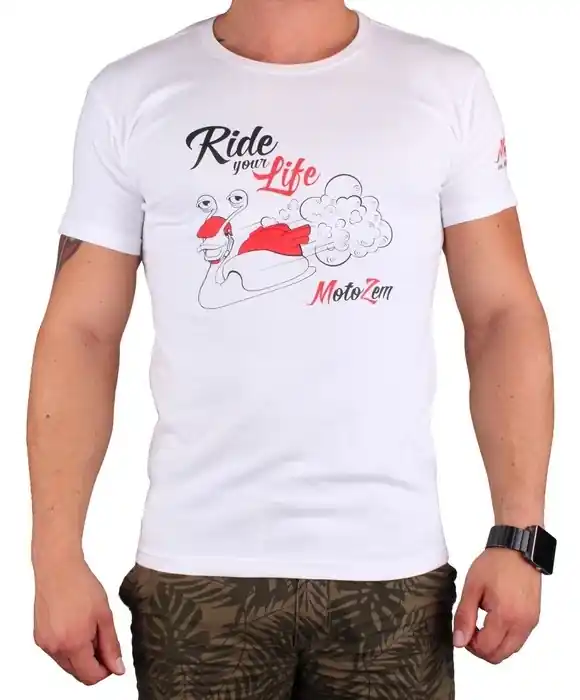 Superprijs T-shirt s motivem MotoZem Rijd je leven wit uitverkoop