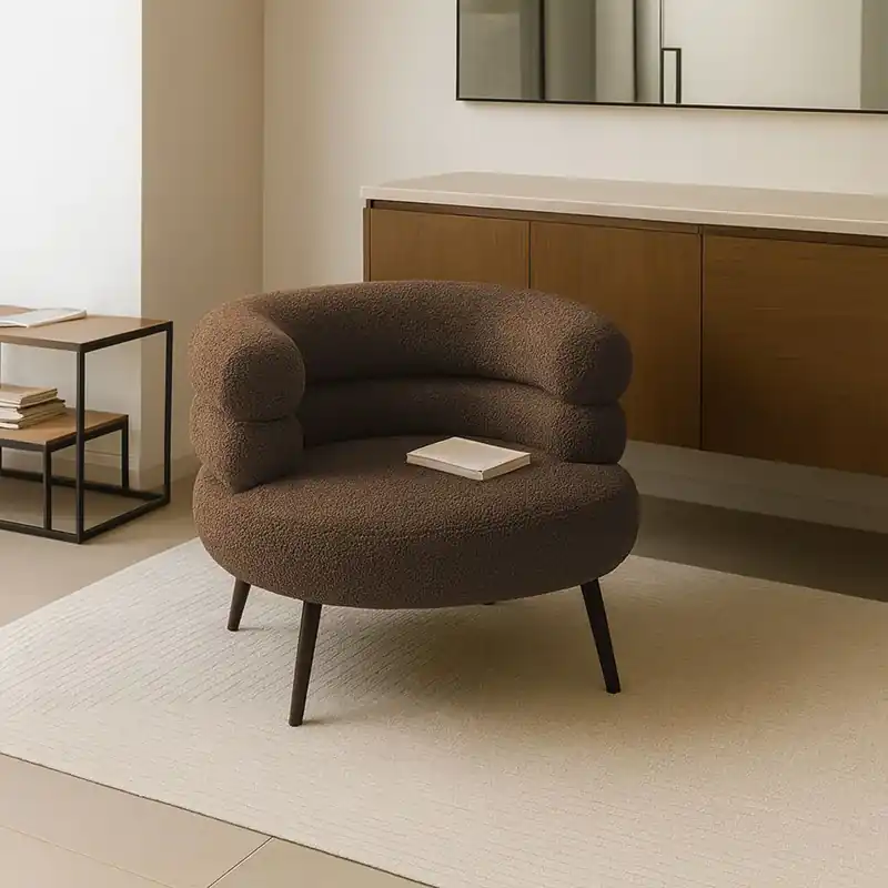 Bouclé fauteuil Divit PS16 comfortabele ronde lounge fauteuil bruin Rechtstreeks Van De Fabrikant