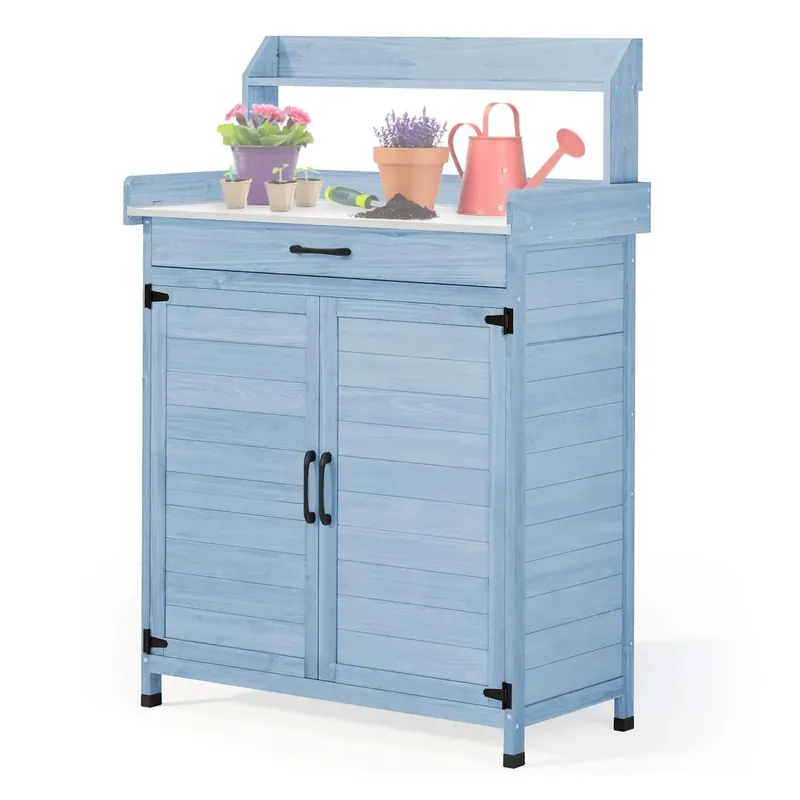 Tuinkast met werkblad Divit PG03 buitenkast weerbestendig hout blauw Flitsaanbieding