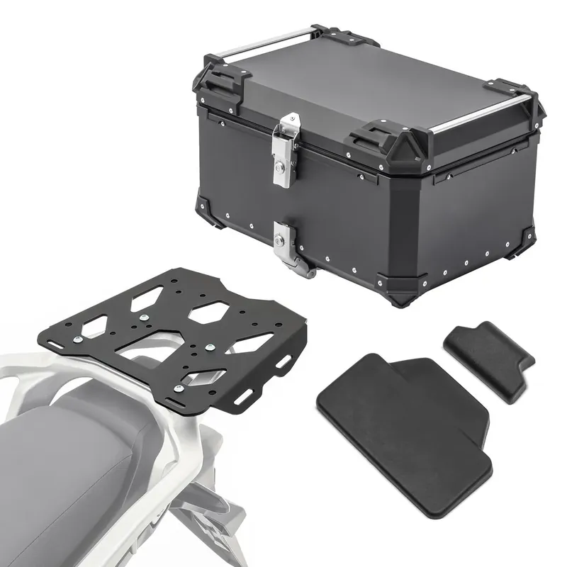 Hoge Kwaliteit Set Aluminium Topkoffer + Drager voor Honda Transalp XL 750 23-26 Topcase Bagtecs XB65 zwart + rugkussen