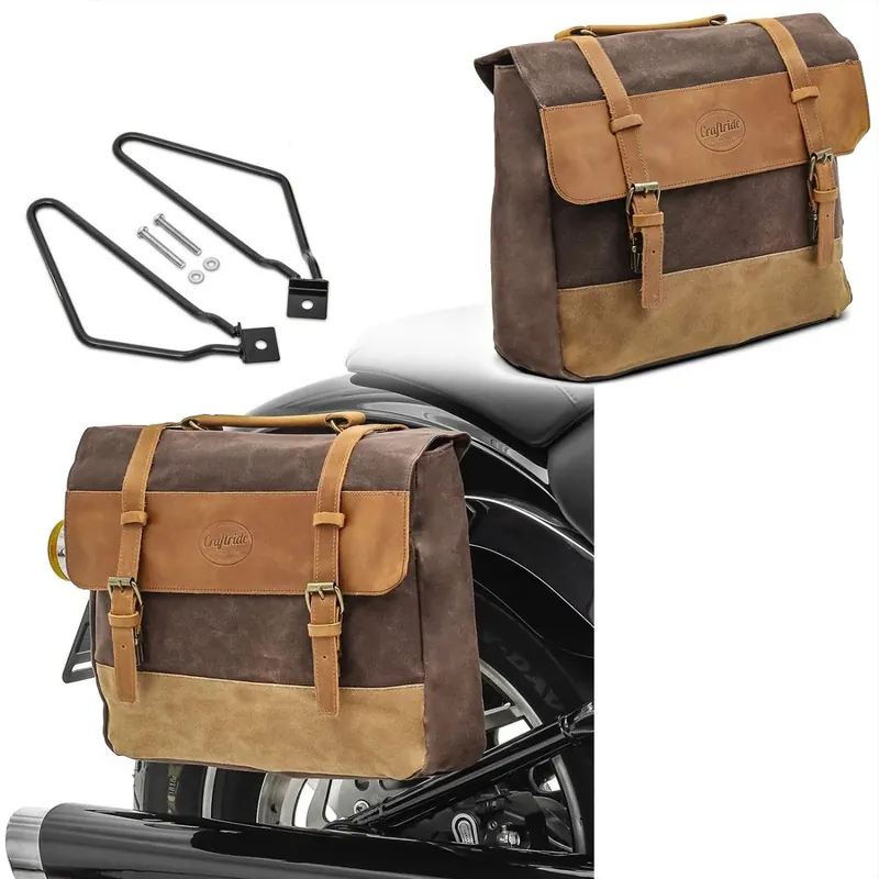 Set 2x Zadeltassen + houders compatibel met Royal Enfield Classic 500 / Meteor 350 zijtas Craftride CV5 bruin Lage Prijs