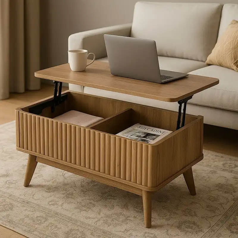 Lift-top salontafel met opberg, gegroefde voorkant, houten effect, 90x50x42 cm DPLC1 Gereduceerde Prijs