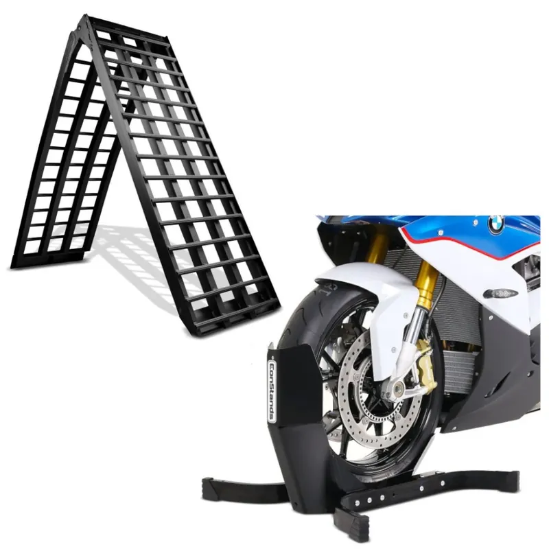Set: oprijplaat V max. 680 kg inklapbaar voor motor scooter quad ATV + Motor inrijklem Easy-Plus Paddockstand Voorwiel tot 21 Inch -matt Koop Vandaag
