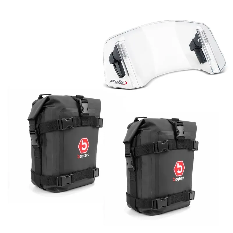 Flitsaanbieding Set 2x Valbeugel tas Bagtecs K3 voor Crashbars waterdicht 6Ltr in zwart met Voorruit Spoiler