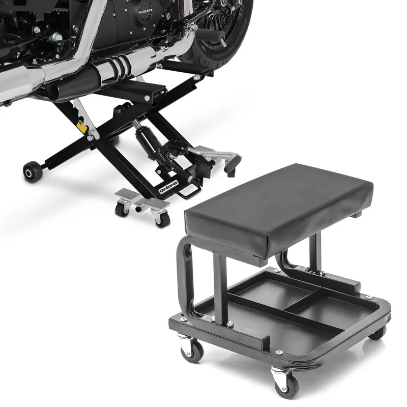Koop Vandaag Set: Motorfiets Motorlift Hydraulisch ConStands Mid-lift XL Schaarlift Hefbrug 500kg in zwart + Werkplaats kruk met wielen ConStands WS3 werkplaatskrukken zwart