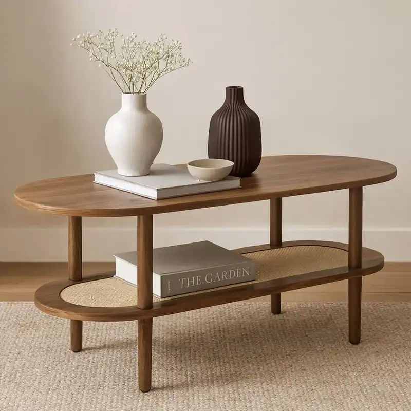 Flitsaanbieding Salontafel Divit WZ16 houten koffietafel met rotan legplank