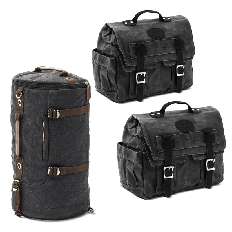Gereduceerde Prijs Set: 2x Motorfiets zadeltas canvas met binnenzak Craftride CV1 zijtas zwart en achtertas Vintage 35Ltr zwart