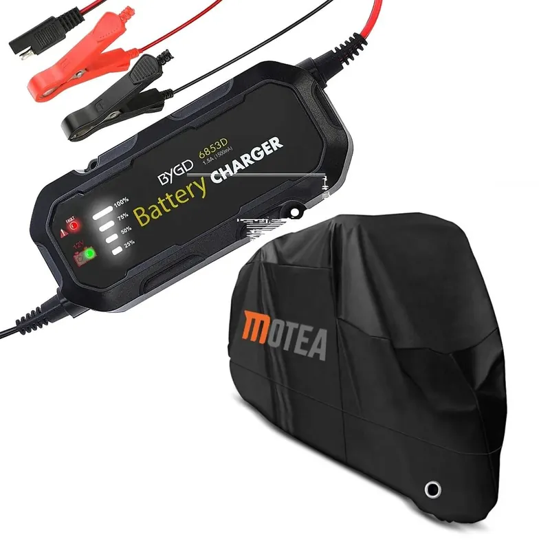 Koop Vandaag Set: Motor Acculader BC2 volautomatisch 12V / 1.500mA Lumitecs met Motor-Hoes BC1 XXL Outdoor waterdicht zwart