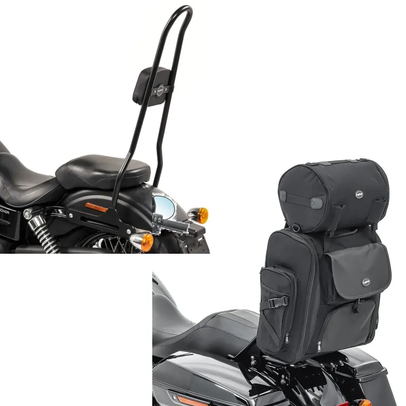 Uitverkoop Set: Sissybar XL geschikt voor Harley Davidson Dyna Street Bob 09-17 Craftride SRL zwart + Motor Sissybar Achtertas SXL Craftride met Bagagerol in zwart