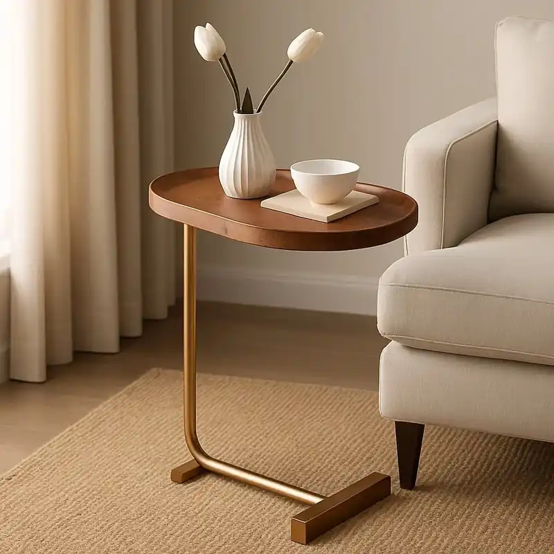 Uitverkoop C-vorm bijzettafel met houten look en goudkleurig metalen frame, 30x36x62 cm DPLC2