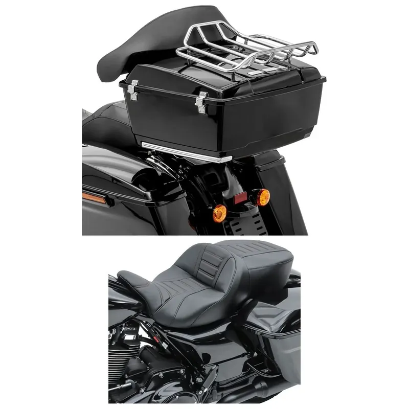 Set: Top Case passend voor Harley Davidson Touring 97-13 Topkoffer Craftride Large met bagage-grill zwart + Motorzadel Craftride TG3 comfort zadel passend voor Harley Davidson Touring 09-26 zwart Beperkte Voorraad