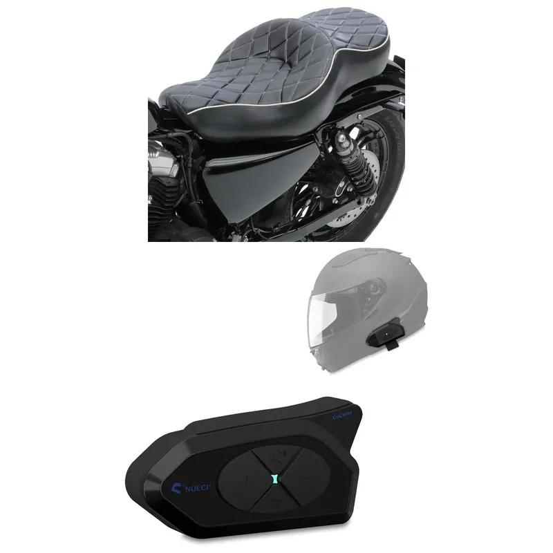 Set: dubbele zittingbank passend voor Harley Davidson Sportster 04-20 zitting bestuurder passagier DB1 Craftride + intercom motorfiets Tourtecs GoCom4 Bluetooth communicatiesysteem met headset IP65 draadloos Hoge Kwaliteit