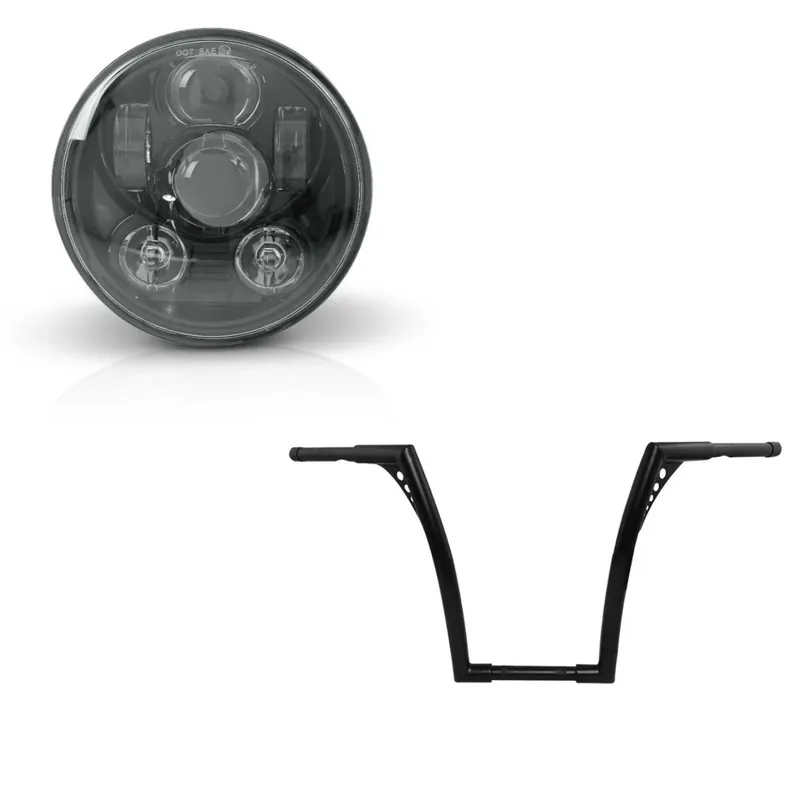 Aanbieding Set: Stuur Ape Hanger Fat B2 1-1/4" Hoogte 16" compatibel met Harley Davidson van Craftride Zwart + LED Koplamp 5,75" compatibel met Harley Davidson Lamp zwart Craftride