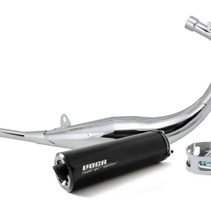 Uitlaat VOCA Chroomed 50/70cc Zwarte demper voor Derbi EBE, EBS, D50B Enduro, Supermoto Exclusieve Aanbieding