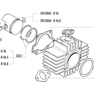 Zuigerveer Polini 65cc 46,4x1,5mm voor CPI, Keeway Euro2, Honda Wallaroo, Peugeot 103, 104, 105, Fox, GL 10, SPX 50 Superprijs