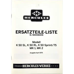 Fabrieksprijs Ersatzteilliste Delig Katalog 1975 voor Hercules K 50 RL SL MK 1 MK 2 Sprint Moki