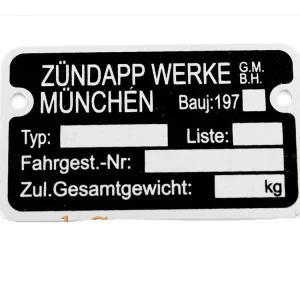 Aanbieding Typenschild Blanko Aluminium 1970er voor Zündapp, C, CS, CX, Hai, KS, GTS, M, ZD