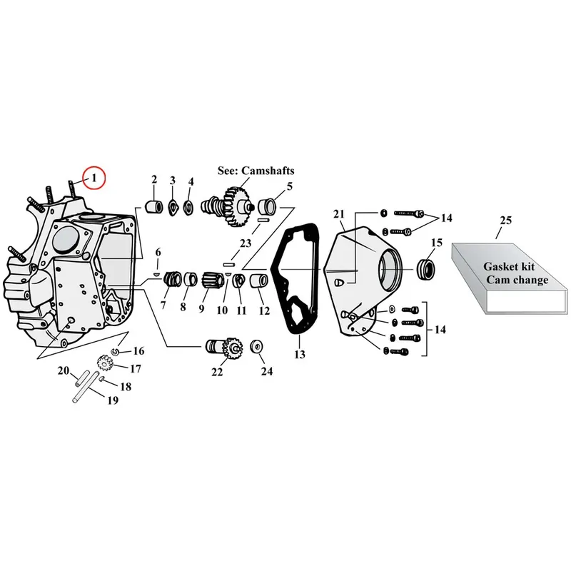 Gereduceerde Prijs Onderdelendiagram nokkenaandrijving / -deksel Exploded View voor Harley Shovelhead & Evolution Big Twin 1) 30-77 Big Twin. Stud set. cylinder base (set of 5). Replaces OEM 16831-30