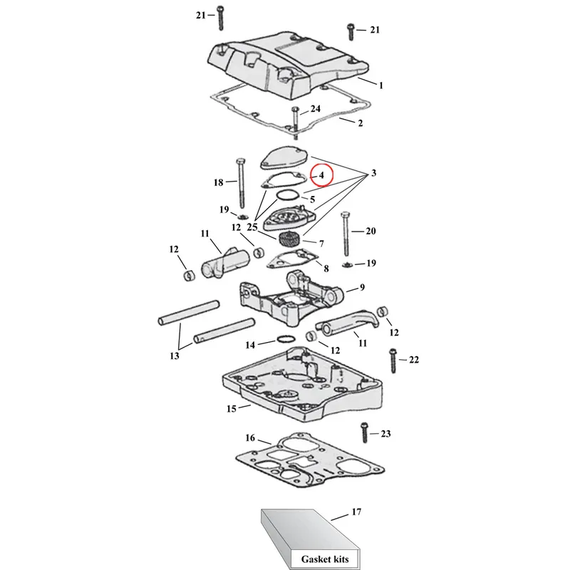 Tuimelschakelaar Box Parts Diagram Exploded View voor Harley Twin Cam 1) 99-17 TCA/B. Rocker cover kit complete. chrome. Replaces OEM 17572-99 & 17573-99 Favoriet